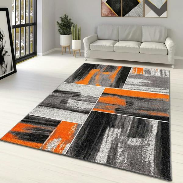 Viva Rugs Modern Rug Orange Grey Black Geometric Abstract Patterned Large XL Small Living Room Bedroom Carpet Mat
