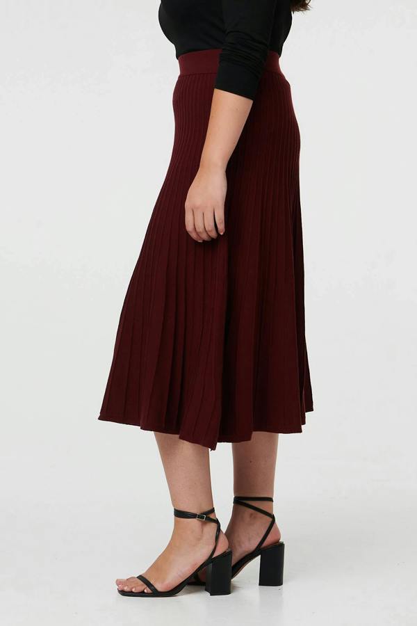 Red | Curve High Waist Pleated Knit Midi Skirt
