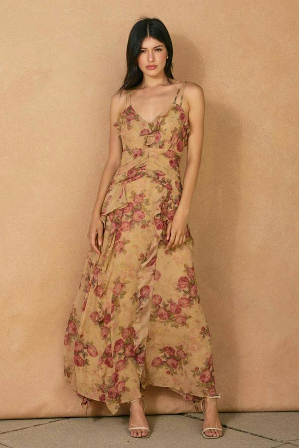 BALOU Womens Vintage Floral Ruffle Dress