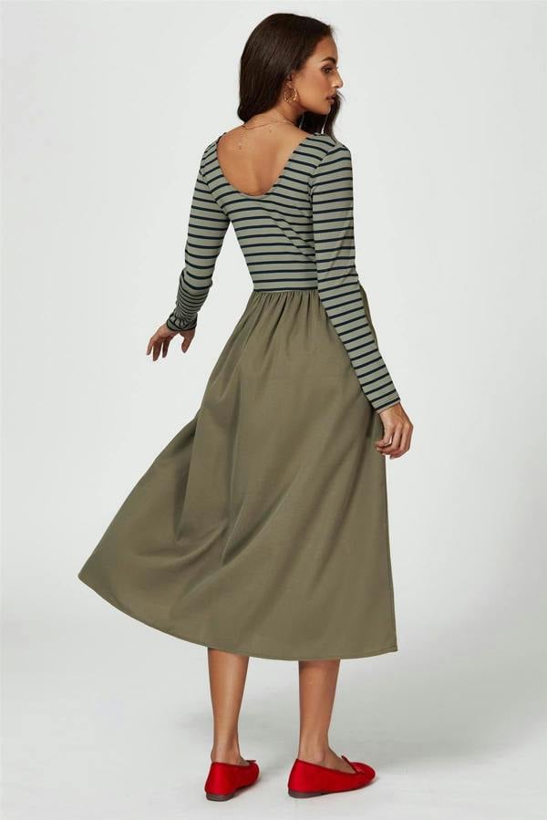 FS Collection Long Sleeve Stripe Midi Dress In Olive