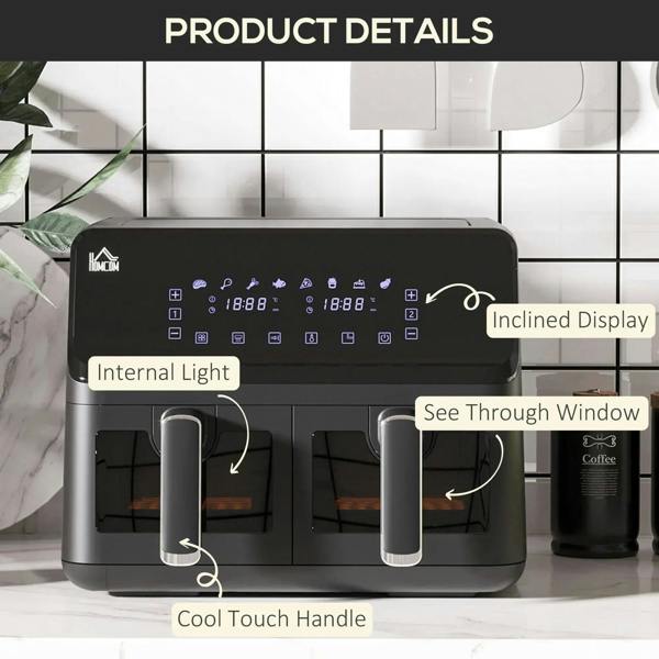 Black dual-basket air fryer with inclined digital display, internal light, and viewing windows