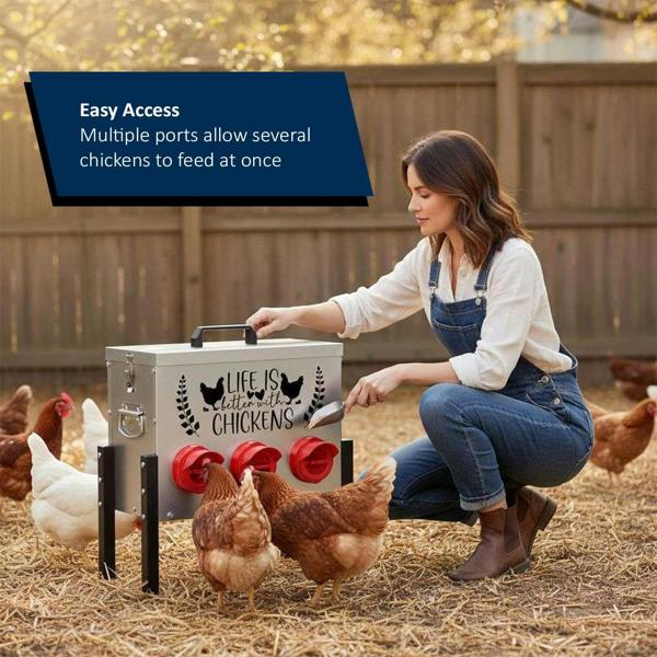 A person feeding chickens at a chicken feeder with text about easy access for multiple chickens.