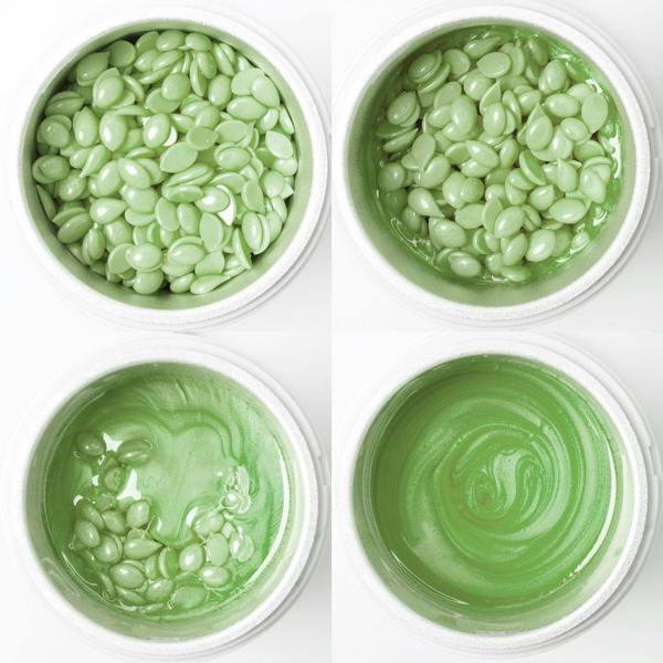 various stages of melting process of green tea Premium hard wax beads 