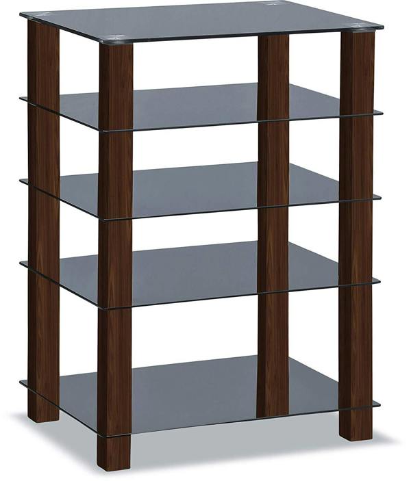 Homeology TRINITY Gloss Black 5 Shelf with Walnut Legs Flat Screen TV Rack Glass Stand