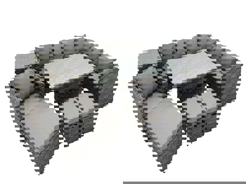 Fimous 10 Seater Rattan Height Adjustable Rising Lifting Table Corner Sofa Sets with Chair 3 Stools Side Table Dark Grey Mixed