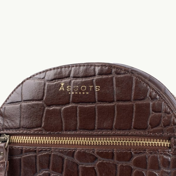Assots London 'Jane' Brown Croc Leather Round Designer Crossbody Bag
