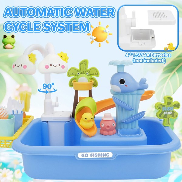 deAO Toys blue Pretend Play Kitchen Sink with Real Running Water -4-in-1 Water Play sink