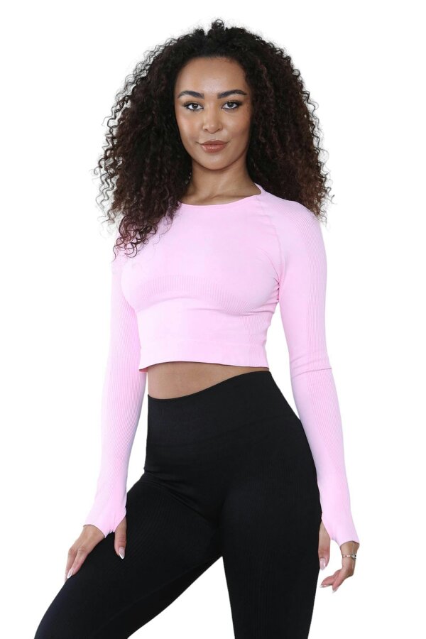 Elaina Fashion Women's Round Neck Tie-Dye Rib Seamless Slim Fit Crop Top Activewear  - Pink - 85% Nylon & 15% Spandex