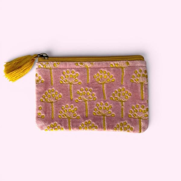Hayley & Co Embroidered Velvet Coin Purse | Allium seedhead flowers in pale pink