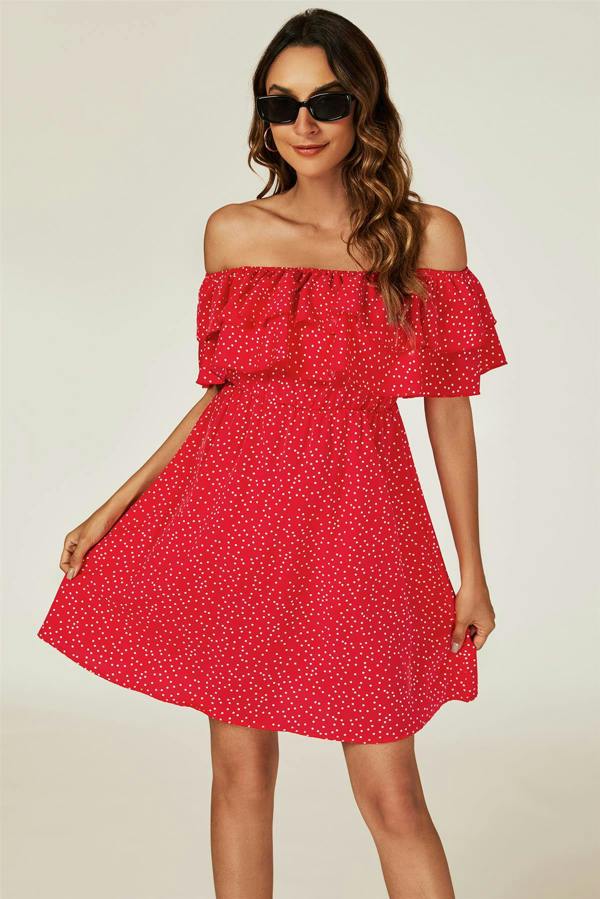 FS Collection Polka Dot Bardot Frill Mini Dress In Red