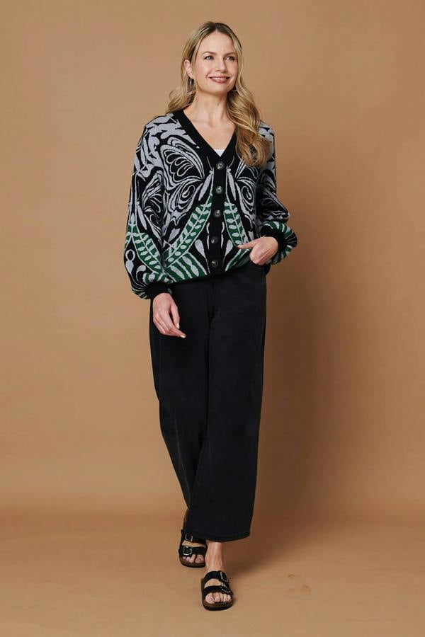 Black | Printed Long Balloon Sleeve Cardigan

