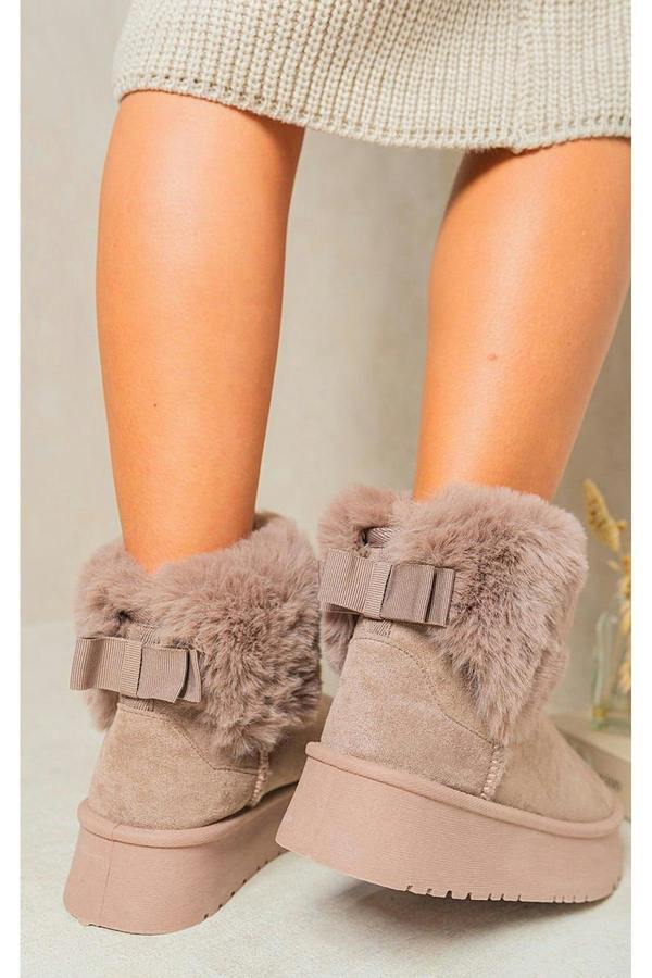 Elsa Fuzzy Cuff Slip On Snow Boots - Taupe