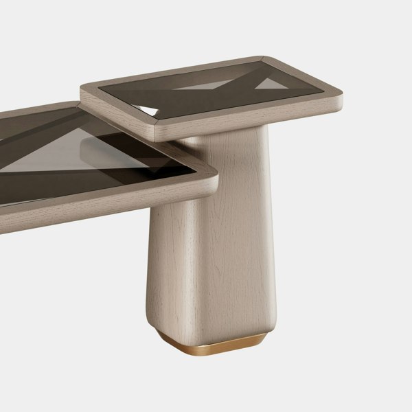 The Private Label Frank Centre Table in Age Brass Luxe Oak & Smoked Glass Top