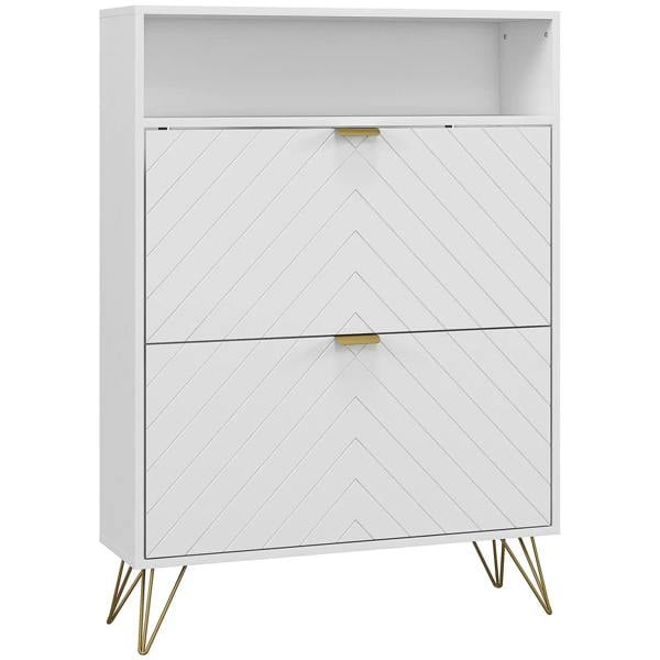 White shoe storage cabinet with chevron indents, gold-tone handles, open top shelf