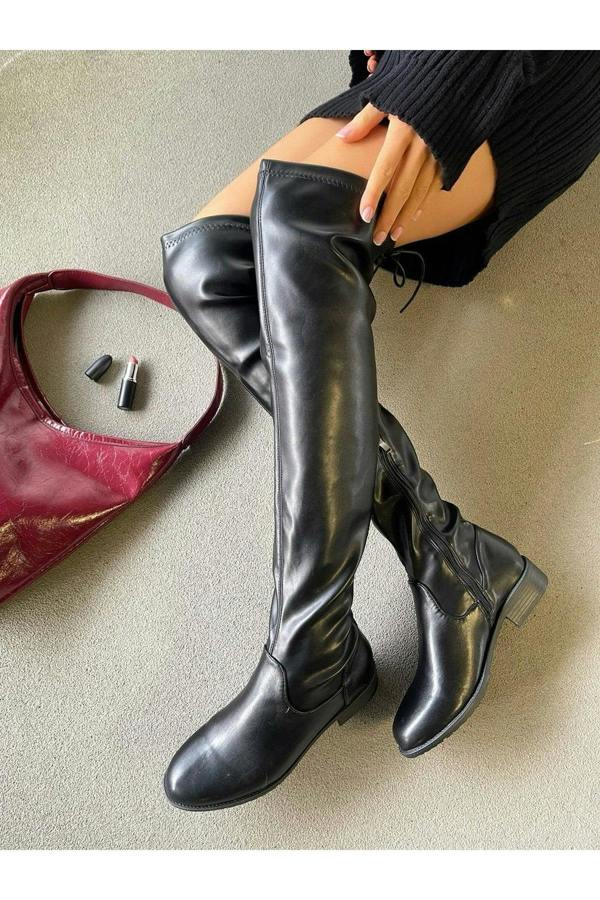 Abbey Tie Detail Low Heel Knee High Boots - Black