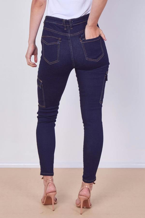 High Waist Cargo Skinny Jeans – Dark Indigo | 6 Pocket Stretch Denim