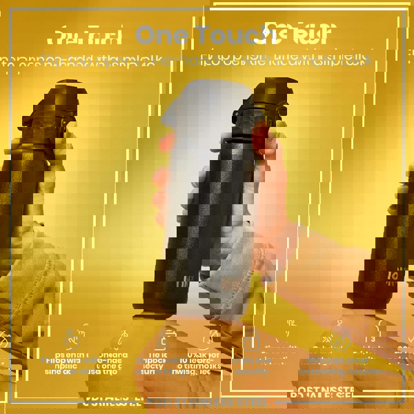 A black ION8 stainless steel water bottle is held; its flip top opens with a single click. The bottle is being shown against a yellow background. Features include one-handed use, triple lock security, and a leakproof design.