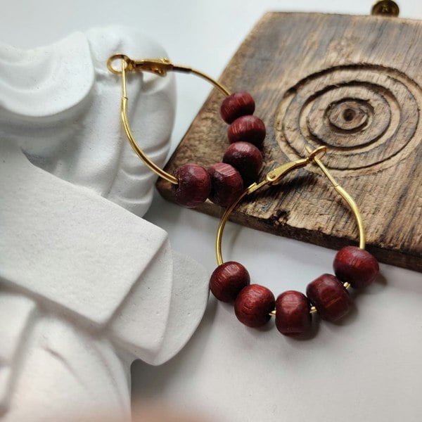 The Colourful Aura Red Sandalwood Beaded Huggie Dainty Hindu Asian Bali Boho Hoop Earring