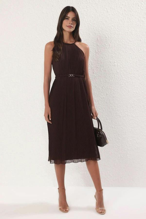 WOVCOR Pleated Chiffon Flowing Woven Midi Dress with Belt