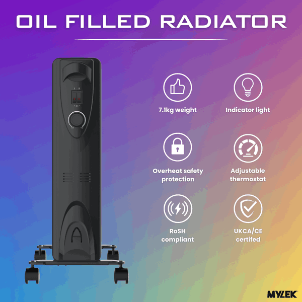 MYLEK Oil Filled Radiator 2000W Portable Heater Thermostat 3 Heat Settings Grey