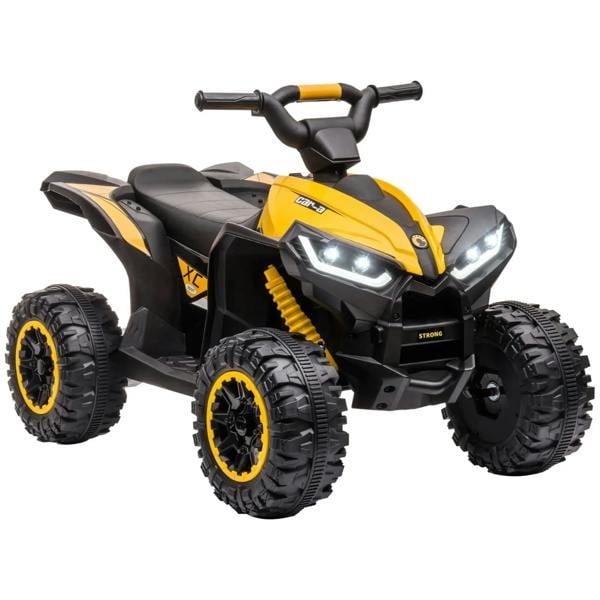 12V yellow ride-on quad bike with front headlights, black wheels and handlebar