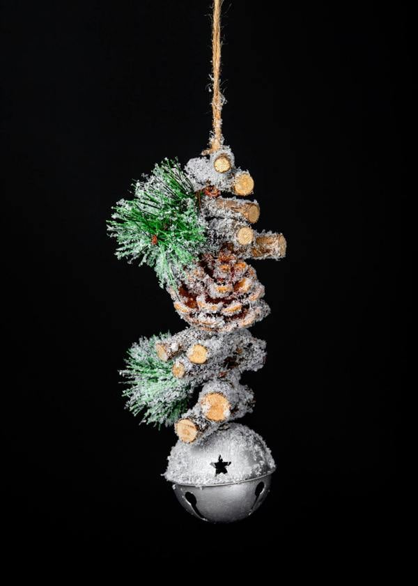 33cm Silver Hanging Christmas Decoration with Jingle Bells, Wooden Sticks, Pinecones and Berries image 4