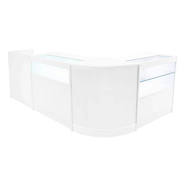 White Gravity LED Shop Counter Set featuring sleek, modern design with glass display sections and smooth, curved edges