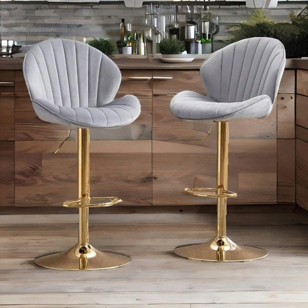 Rafaelo Mobilia Grey Velvet Bar Stools Set Of 2 With Adjustable Height & Swivel