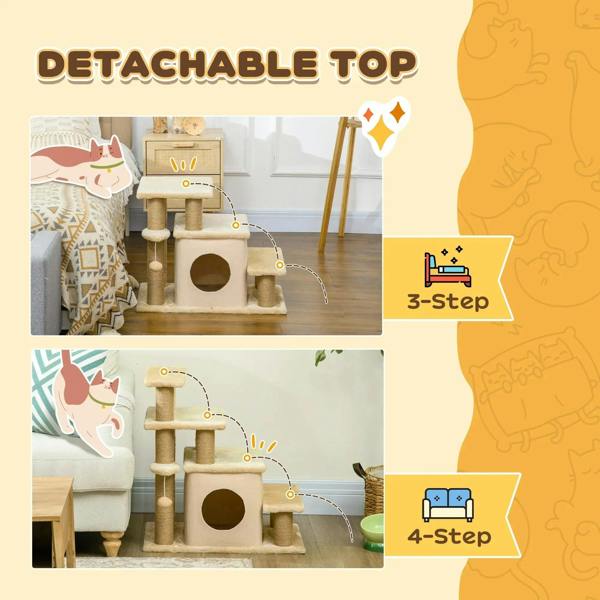 Beige cat tree with three-step layout, enclosed house opening, and hanging toy ball