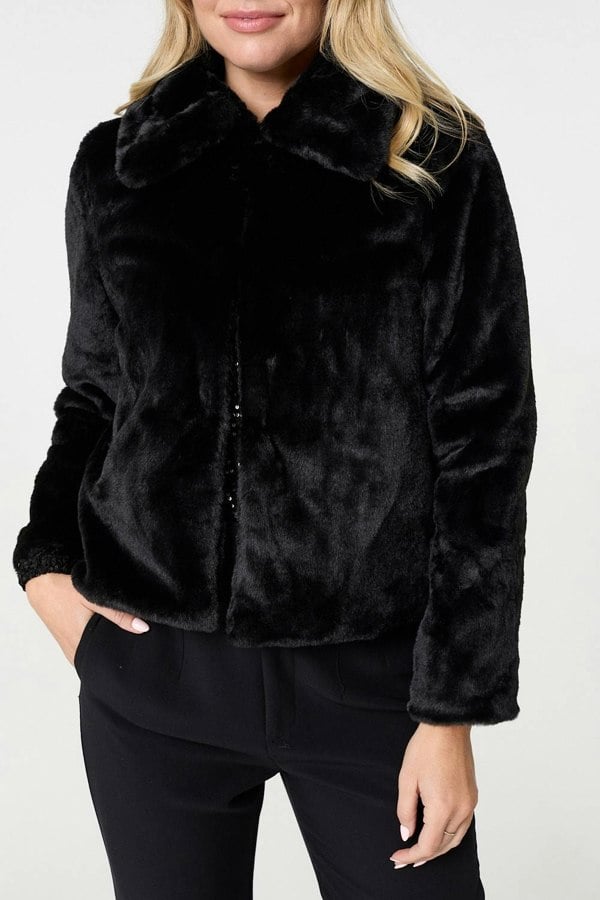 Black | Faux Fur Zip Detail Cropped Jacket