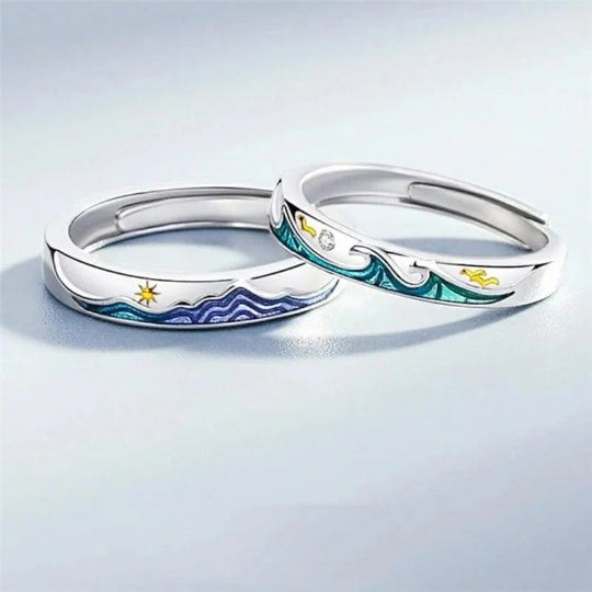 The Colourful Aura Adjustable Silver Sea Wave Enamel Couple Promise Ring Set