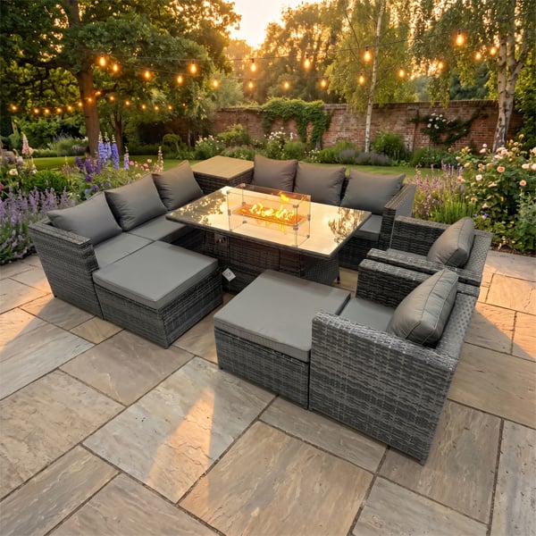 Fimous 10 Seater Rattan Garden Furniture Set with 2 Sofa, Gas Fire Pit Dining Table, Side Table, 2 Stools & 2 Chairs - Dark Grey