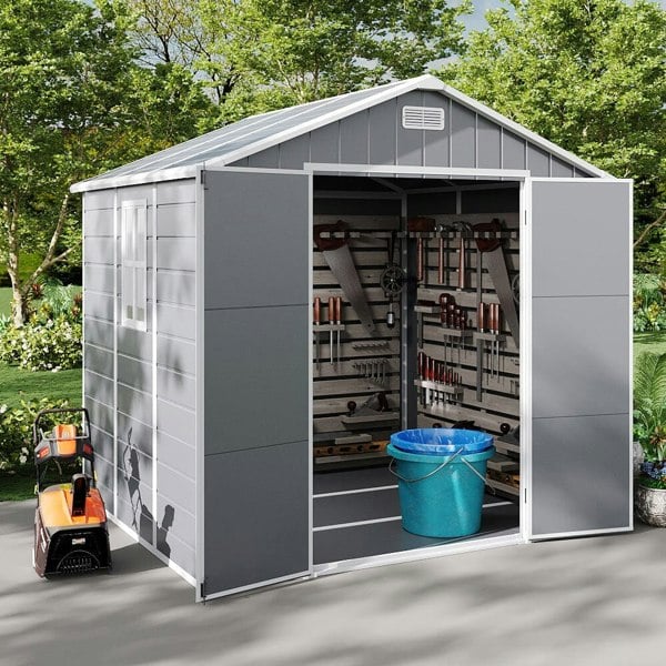 8x6ft Outdoor Apex Roof Plastic Tool Shed with Dual-door (Ver.2) Living and Home