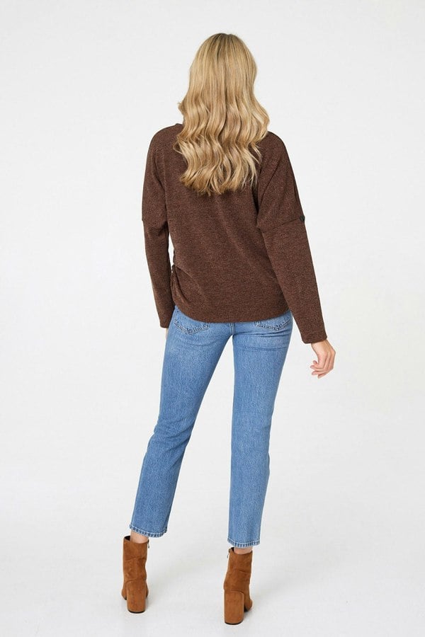 Brown | Metallic Textured Batwing Sleeve Jumper
