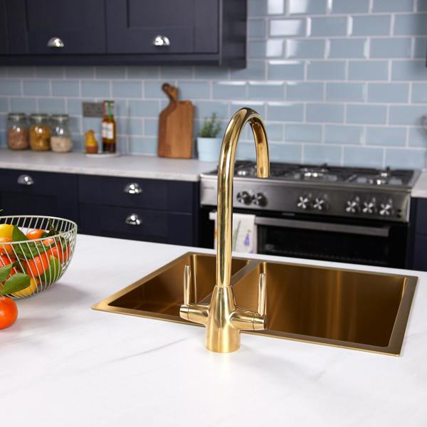 Flode Drammen | Dual Lever Kitchen Mixer | Polished Brass Finish