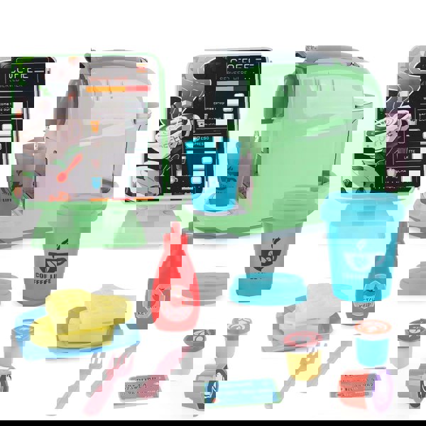 deAO Toys Coffee Shop Set with Coffee Maker Toy Menus Cash Register Toy Play Food