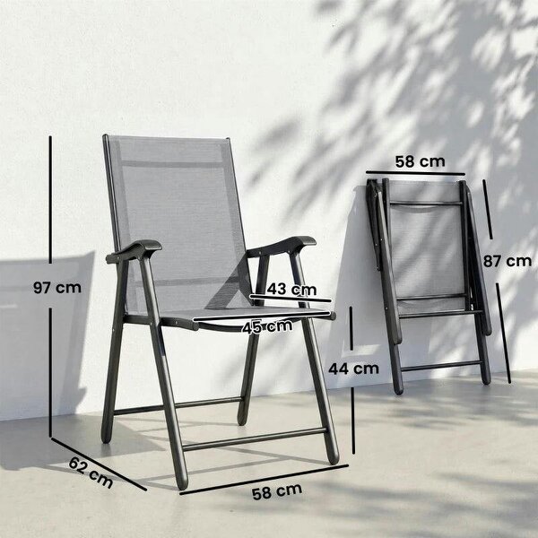 Folding Garden Chairs Set of 2, Foldable Garden Dining Chairs with High Back, Armrests, Texteline Seat, Light Grey