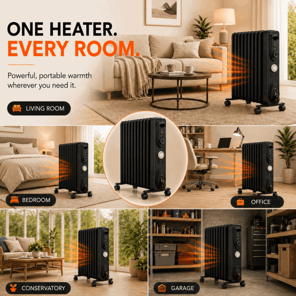 MYLEK Oil Filled Radiator 2500w Portable Heater Thermostat 24 Hour Timer Grey