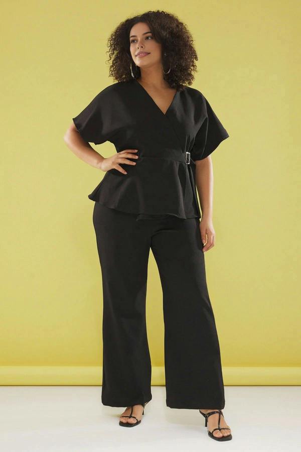 WOVCOR V-Neck Plus Size Jumpsuit with Adjustable Belt Buckle