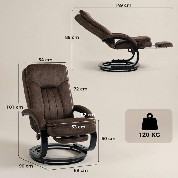 Swivel Recliner Chair, Velvet Recliner Armchair with Retractable Footrest, Dual-Layer Cushion, High Back, Dark Brown
