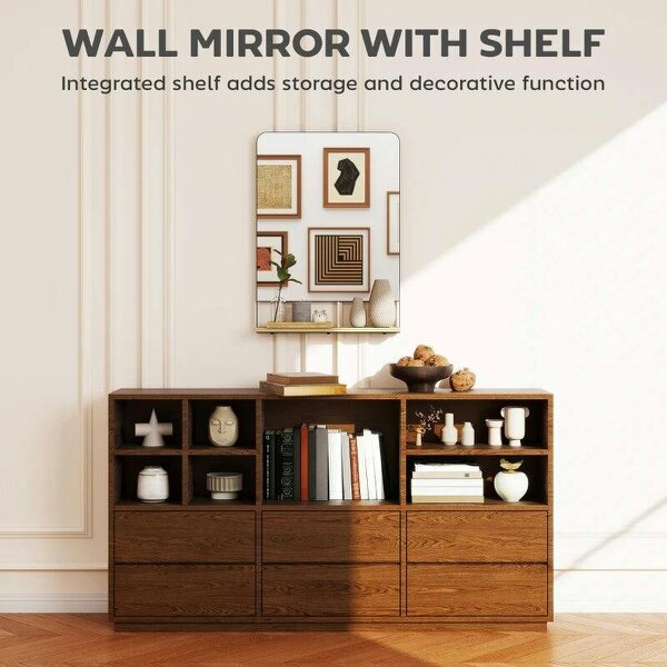 Wall Mirror with Wood Shelf - Black