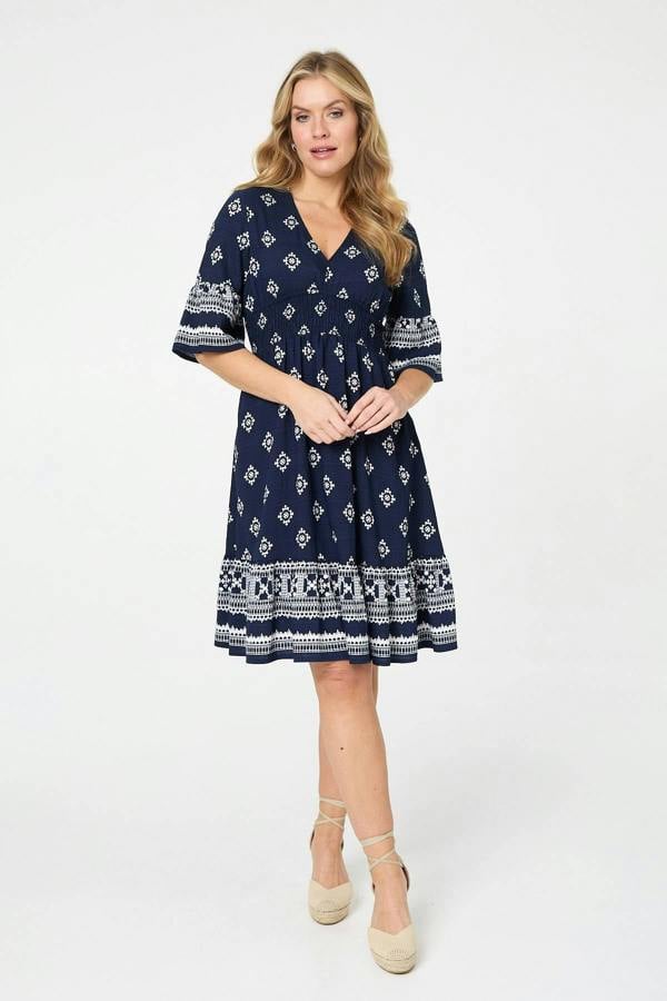 Navy | Border Print V-Neck Knee Length Dress