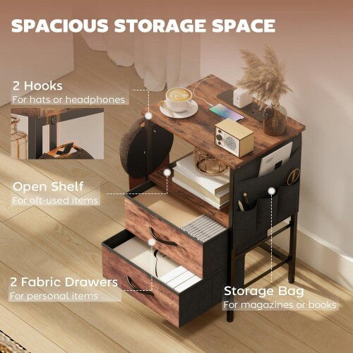 Wyld Haus Yoroma Rustic Brown Bedside Table With Built In Charging Ports 2 Drawers