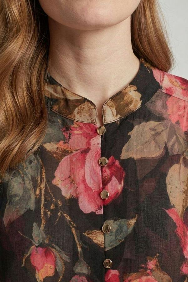 Black | Floral Long Sleeve Button Front Blouse