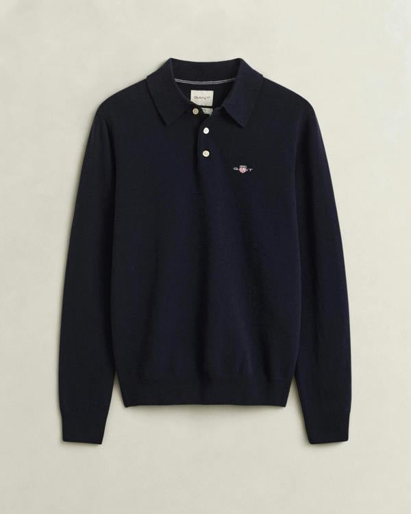 GANT Mens Superfine Lambswool Long Sleeve Polo - 410 Marine | CHO | Designer Mens Long Sleeve Polo Shirts