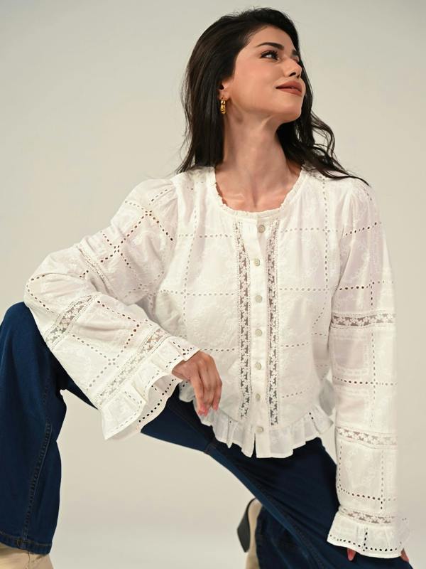 Rose & Nancy Abi Ivory Long Sleeve Embroidered Lace Blouse