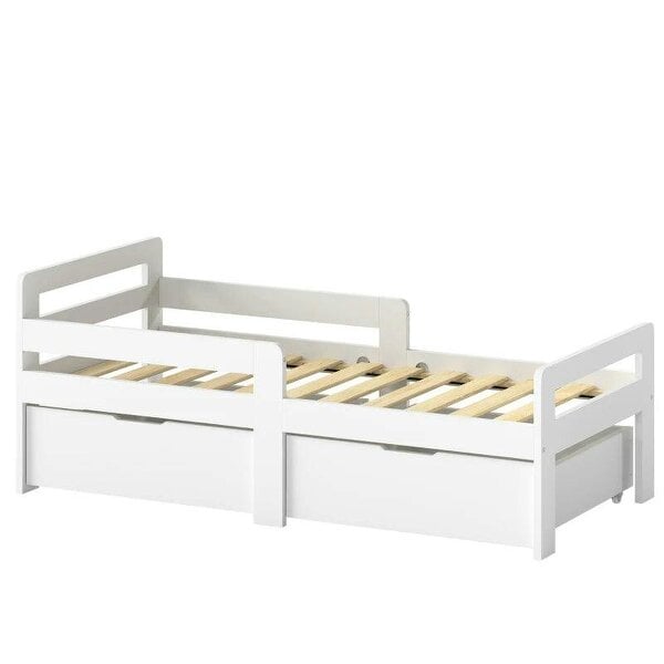 Wooden Kids Bed Frame with 2 Storage Drawers and Guard Rails for Ages 4-14, 144 x 76 x 57 cm (No Mattress), White