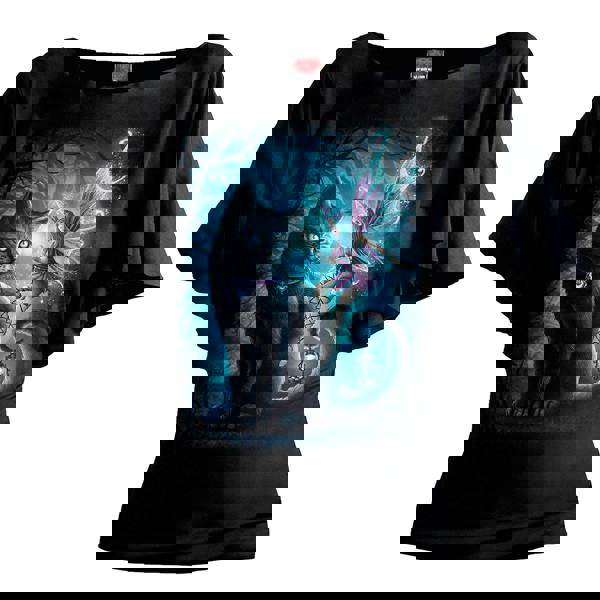 CAT AND FAIRY - Boat Neck Bat Sleeve Top Black - Spiral USA