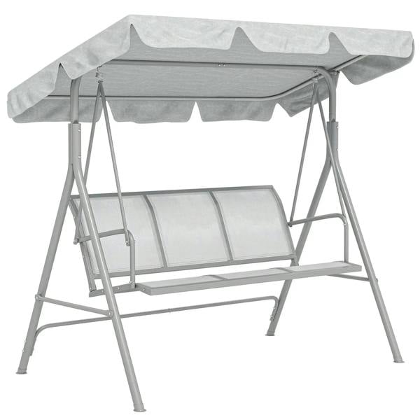 Light grey 3-seat metal garden swing bench with adjustable canopy and sloped roof.