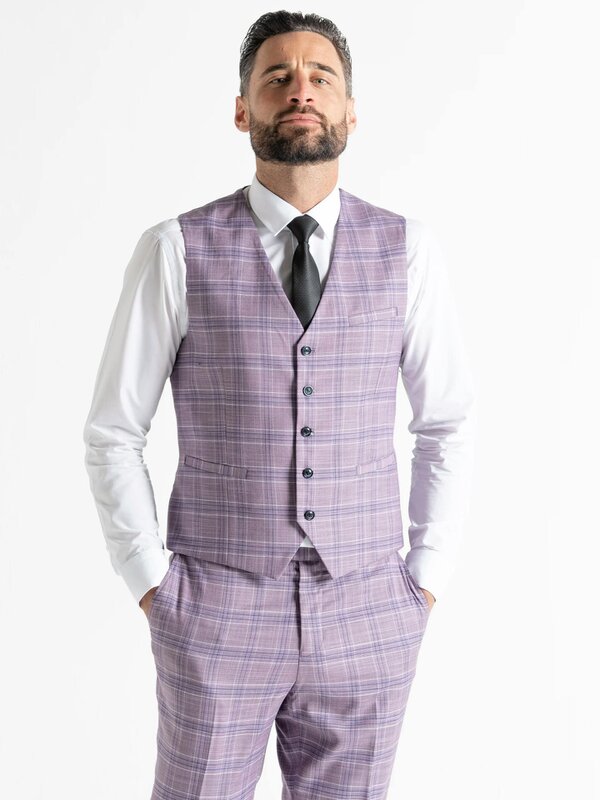 V2 Classic Kensignton Three Piece Suit - Lilac with White and Navy Blue Checks